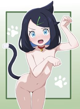 1girl absurdres bdsm bell blue_eyes blue_hair blush cat_tail collar completely_nude covering_breasts covering_privates fang female_focus flat_chest green_background highres liko_(pokemon) loli looking_at_viewer navel nintendo nude open_mouth paw_pose pet_play pokemon pokemon_(anime) pokemon_horizons rpca simple_background slave solo standing tail