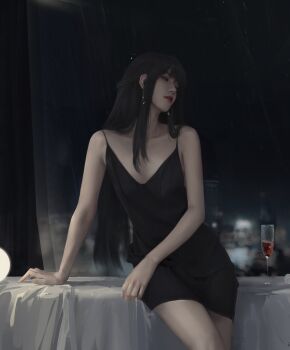 1girl absurdres alcohol bare_shoulders black_dress black_hair collarbone commentary cup dcchris dress drinking_glass earrings english_commentary glass_bottle highres jewelry original red_wine solo table tablecloth wine wine_glass