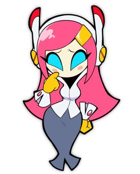 1girl 2025 alternate_breast_size_(larger) artist_name black_skirt blue_eyes blush blush_stickers breasts closed_eyes commentary confused curvy english_commentary female_focus finger_to_own_chin floating gloves hair_ornament hairclip hand_on_own_hip headgear highres kirby:_planet_robobot kirby_(series) kirby_air_ride kirby_air_riders long_hair medium_breasts nintendo one_eye_closed pink_hair rayman_limbs robot scott_falco shadow sidelocks simple_background skirt susie_(kirby) white_background wide_hips wink yellow_gloves