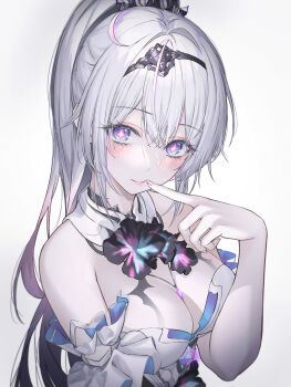 Rule 34 | 1girl, bare shoulders, black hairband, blue eyes, blush, breasts, cleavage, closed mouth, commentary, finger to mouth, fingernails, grey background, hair between eyes, hair intakes, hairband, hand up, hashtag-only commentary, highres, honkai (series), honkai impact 3rd, kiana kaslana, kiana kaslana (herrscher of finality), large breasts, long hair, looking at viewer, neon (pixiv 31150749), no gloves, ponytail, purple pupils, sidelocks, simple background, smile, solo, star-shaped pupils, star (symbol), symbol-shaped pupils, upper body, white hair