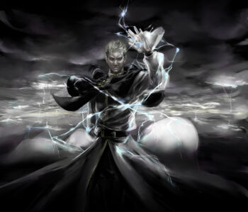 1boy blonde_hair cloud energy epic goenitz gradient_background male_focus outdoors power priest scenery serious sky snk solo the_king_of_fighters wind