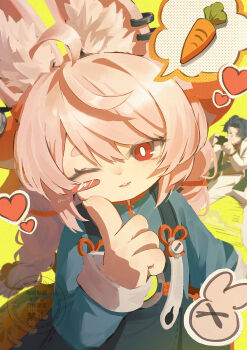 1boy 1girl absurdres ahoge animal_ear_fluff animal_ear_piercing animal_ears arc_pic black_hair braid bright_pupils commentary_request damian_blackwood furry furry_female hair_between_eyes hair_ornament highres long_hair looking_at_viewer open_mouth pink_fur pink_hair rabbit_ears rabbit_girl red_eyes shirt short_eyebrows solo thick_eyebrows twin_braids white_pupils zenless_zone_zero zhao_(zenless_zone_zero)