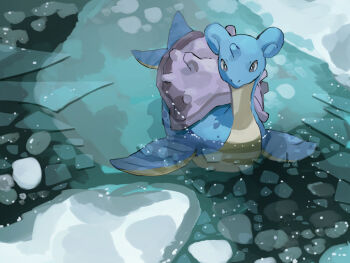 blue_skin colored_skin fusenryo gen_1_pokemon grey_eyes hashtag-only_commentary horns ice ice_floe lapras multicolored_skin nintendo no_humans outdoors pokemon pokemon_(creature) shell single_horn solo spiked_shell swimming tagme water yellow_skin