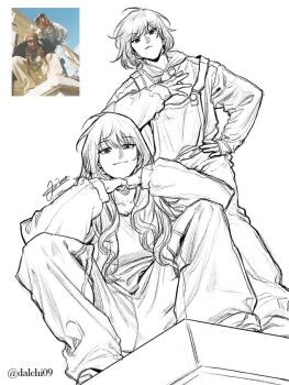 Rule 34 | 2girls, :/, bob cut, candy, dalchi09, food, from below, full body, greyscale, han sooyoung, hand on own hip, head rest, holding, holding candy, holding food, holding lollipop, hood, hood down, hoodie, lollipop, long hair, looking at viewer, mole, mole under eye, monochrome, multiple girls, omniscient reader's viewpoint, own hands together, reference inset, short hair, smirk, squatting, suspenders, yoo sangah