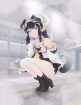 1girl absurdres animal_ears black_hair blue_archive blue_eyes dog_ears dog_girl dog_tail engineering_department_(blue_archive) goggles goggles_on_head halo hibiki_(blue_archive) highres looking_at_viewer solo tail user_fytd5447 yellow_halo