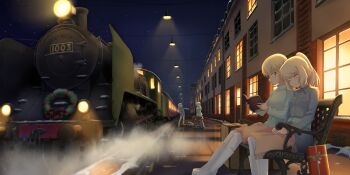 4girls absurdres blanket blonde_hair blue_eyes boots box bra breasts brick_wall christmas closed_eyes commentary eila_ilmatar_juutilainen english_commentary gift gift_box green_eyes hand_on_own_hip hanna_wind headlight_beam highres holding knee_boots kuni-kun lantern laura_nissinen light_smile locomotive long_hair long_sleeves looking_at_another luggage_tag medium_breasts multiple_girls multiple_unit_train night nikka_edvardine_katajainen outdoors pointing short_hair sitting sky sleeping smile snow star_(sky) starry_sky steam steam_locomotive strike_witches strike_witches:_aurora_no_majo strike_witches:_suomus_misfits_squadron thighhighs train train_station underwear unworn_bra weasel white_boots world_witches_series wreath