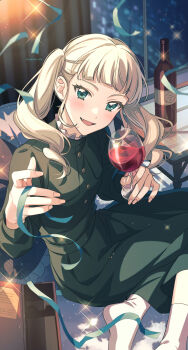 1girl aikatsu! aikatsu!_(series) alcohol aqua_eyes birthday blonde_hair blunt_bangs blush bottle box buttons collar cup curtains dress drill_hair drinking_glass fang fingernails frilled_collar frills glass green_dress green_ribbon hands_up highres holding holding_bottle holding_cup holding_ribbon indoors long_hair long_sleeves night no_shoes on_floor open_mouth pillow red_wine ribbon sekina sitting smile socks solo sparkle todo_yurika twin_drills twintails white_socks window wine wine_bottle wine_glass yokozuwari