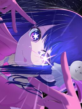 1girl :p arms_up commentary_request dark_background double_v gloves glowing glowing_eye hair_ornament hair_over_shoulder highres hoshino_ai looking_at_viewer oshi_no_ko pink_gloves purple_eyes rayamamami shade sideways solo star-shaped_pupils star_(symbol) symbol-shaped_pupils tongue tongue_out v
