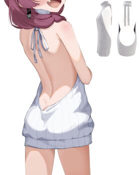 1girl absurdres agm back backless_outfit backless_sweater bare_shoulders blush bocchi_the_rock! braid commentary cowboy_shot earrings english_commentary fang hair_over_shoulder halterneck head_out_of_frame highres hiroi_kikuri jewelry long_hair looking_back naked_sweater open_mouth purple_hair ribbed_sweater simple_background single_braid solo sweater turtleneck turtleneck_sweater virgin_killer_sweater white_background white_sweater