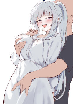 1boy 1girl :d absurdres artist_name awnw blue_archive blunt_bangs blush breasts breath commentary covered_erect_nipples cowboy_shot dress fingering fingering_from_behind fingering_through_clothes grabbing_another's_breast grabbing_from_behind grey_hair groping half-closed_eyes hand_up hetero highres large_breasts long_hair long_sleeves noa_(blue_archive) noa_(pajamas)_(blue_archive) open_mouth pajamas ponytail purple_eyes reach-around sensei_(blue_archive) sidelocks simple_background smile solo_focus through_clothes twitter_username white_background white_dress white_pajamas