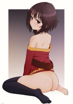 1girl absurdres ass bare_back bare_shoulders barefoot belt black_choker black_thighhighs blush bottomless brown_belt choker dress from_side gradient_background grey_background highres kono_subarashii_sekai_ni_shukufuku_wo! loli medium_hair megumin no_panties no_shoes off_shoulder red_dress red_eyes shiny_skin single_thighhigh sirokohi sitting smile smug solo thighhighs third-party_edit underwear white_background
