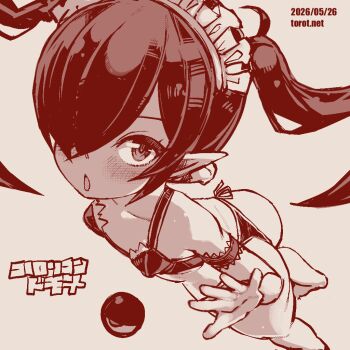 1girl :o armband ass backbeako_(torotei) backbeard barefoot blush bra breasts collarbone commentary dated dated_commentary dutch_angle gegege_no_kitarou hair_over_one_eye headdress kono_lolicon_domome long_hair looking_at_viewer looking_up monochrome open_mouth original paid_reward_available panties pear-shaped_figure pointy_ears red_theme side-tie_panties simple_background small_breasts solo standing torotei translated twintails underwear underwear_only very_long_hair watermark web_address white_background