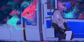 1girl absurdres balloon beret black_hat black_jacket black_skirt bow character_request closed_eyes closed_mouth fish goldfish grey_hair grey_shirt hair_between_eyes hair_intakes hat highres indoors jacket long_hair long_sleeves open_clothes open_jacket poster_(object) red_bow shirt sitting skirt sleeping solo subway yaoyao_(yoyo27456335489)