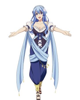 Rule 34 | 1girl, :d, anime coloring, bare shoulders, black sandals, blue bow, blue eyes, blue pants, blue ribbon, blue sash, bow, braid, breasts, cleavage, collarbone, crown braid, dress, flower, full body, genjitsu shugi yuusha no oukoku saikenki, hair between eyes, hair flower, hair ornament, hair ribbon, highres, juna doma, large breasts, lips, long hair, looking at viewer, off-shoulder shirt, off shoulder, official art, ootsuka mai, open hands, open mouth, outstretched arms, pants, puffy short sleeves, puffy sleeves, ribbon, sandals, sash, shirt, short sleeves, simple background, smile, solo, spread arms, standing, tachi-e, transparent background, underbust, white shirt
