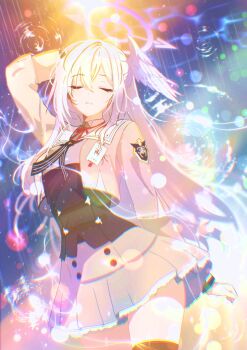 1girl absurdres black_thighhighs blue_archive closed_eyes closed_mouth grey_jacket hair_between_eyes halo hand_on_own_head head_wings highres himmel_gewalt jacket long_hair long_sleeves rain red_ribbon ribbon school_uniform single_head_wing skirt solo suzumi_(blue_archive) thighhighs white_hair wings