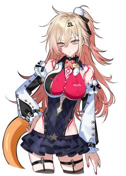 Rule 34 | 1girl, bare shoulders, black skirt, black thighhighs, blonde hair, breasts, cissia (zenless zone zero), cissia (zenless zone zero) (cosplay), cosplay, cowboy shot, cropped legs, detached sleeves, genderswap, genderswap (mtf), hair ornament, highres, honkai: star rail, honkai (series), large breasts, long hair, looking at viewer, microskirt, mydei (honkai: star rail), nail polish, one side up, pom pom (clothes), pom pom hair ornament, red nails, red tattoo, simple background, skindentation, skirt, solo, thighhighs, white background, yellow eyes, yigenzhen26389, zenless zone zero