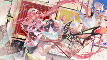 1girl absurdres anchor_symbol angel_wings ascot bell_sleeves black_boots black_dress black_hat black_ribbon blue_butterfly blue_flower blue_hair boots bow braid bubble bubble_pipe bug butterfly chinese_commentary commission demon_wings disembodied_wing dress eyeball feet_out_of_frame film_strip floating_hair floral_print floral_print_dress flower flower_with_face frilled_sleeves frills gradient_butterfly green_flower grin hair_between_eyes hair_bow hair_flower hair_ornament hair_ribbon hair_rings hand_to_own_mouth hands_up hat head_wings heart highres holding_orb insect insect_wings layered_sleeves leaf leg_ribbon light_particles long_hair long_sleeves looking_at_viewer looking_to_the_side low_twintails maid_headdress maple_leaf mermaid monster_girl multicolored_hair multiple_views neck_ribbon nib_pen_(object) original paint_splatter paintbrush painting_(object) parted_lips pen picture_frame pink_hair pink_sash pink_sleeves portrait print_dress purple_flower rainbow_bow rainbow_flower rainbow_ribbon ribbon sash shiling short_over_long_sleeves short_sleeves shrug_(clothing) side_braid sidelocks signature sleeve_bow smile solo stained_glass standing standing_on_one_leg streaked_hair through_medium through_painting tropical_fish twintails very_long_hair waist_bow waist_sash watermark weibo_watermark white_ascot white_butterfly white_hat wings witch witch_hat