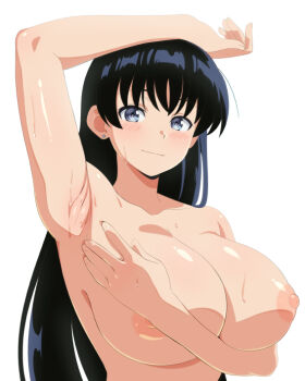 1girl arato_nagi armpits black_hair blush breasts earrings jewelry large_breasts long_hair nipples nude ruri_no_houseki solo sweat zorzero