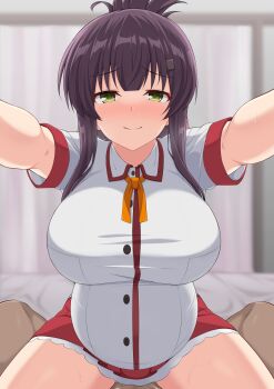 1boy 1girl black_hair breasts closed_mouth commission cowgirl_position dark-skinned_male dark_skin dot_nose girl_on_top green_eyes hair_ornament hairclip hetero highres implied_sex implied_vaginal interracial large_breasts looking_at_viewer maruta_(denmasked) medium_hair outstretched_arms pov pregnant raised_eyebrows red_skirt school_uniform shirt skeb_commission skirt smile spread_arms straddling sweat toji_no_miko upright_straddle variant_set white_shirt yanase_mai