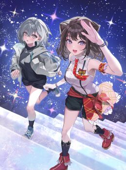 2girls :d absurdres bang_dream! bang_dream!_it&#039;s_mygo!!!!! bare_shoulders black_shirt black_shorts black_socks blue_background blue_shoes blush boots breasts brown_hair center_frills commentary cone_hair_bun double_bun fold-over_boots frills green_jacket grey_hair hair_bun hashtag-only_commentary highres jacket long_sleeves looking_at_viewer medium_breasts multiple_girls open_clothes open_jacket open_mouth parted_lips purple_eyes red_boots salute shirt shoes short_shorts shorts sleeveless sleeveless_shirt smile sneakers socks stairs star_(sky) starry_sky_background suspender_shorts suspenders suspenders_gap takamatsu_tomori teeth toyama_kasumi upper_teeth_only white_shirt zuki_(user_mzpz5848)