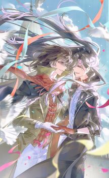 2boys absurdres alternate_hair_length alternate_hairstyle bird black_coat black_hair black_pants blue_sky blurry blurry_background blurry_foreground brown_coat chinese_commentary cloud coat commentary_request confetti day dove ear_piercing facing_another floating_hair fringe_trim gloves grin highres holding_hands klein_moretti lapels leonard_mitchell long_hair long_sleeves looking_at_another lord_of_the_mysteries male_focus medium_hair merlin_hermes multiple_boys open_mouth outdoors pants piercing popped_collar profile red_gloves red_scarf red_vest scarf shirt sky smile very_long_hair vest white_bird white_gloves white_pants white_shirt xiyou_de_huakucha yaoi