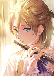 Rule 34 | 1boy, albedo (genshin impact), ascot, blonde hair, blue eyes, braid, closed mouth, fingernails, flute, french braid, genshin impact, hair between eyes, hands up, highres, holding, holding flute, holding instrument, instrument, long sleeves, looking at viewer, male focus, music, namimenou, playing flute, playing instrument, purple ascot, shirt, short hair, smile, solo, standing, upper body, white shirt