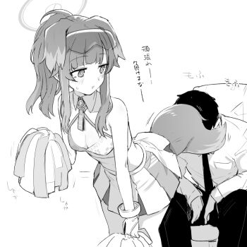 1boy 1girl animal_ears ariyoshi_gen bangle bare_shoulders blue_archive blush bracelet breasts cheerleader dog_ears dog_girl dog_tail eyewear_on_head fluffy gloves greyscale half_gloves halo hibiki_(blue_archive) hibiki_(cheer_squad)_(blue_archive) holding japanese_text jewelry large_tail leaning_forward looking_back midriff millennium_cheerleader_outfit_(blue_archive) monochrome official_alternate_costume pom_pom_(cheerleading) skirt small_breasts smile solo_focus standing tail tail_on_face