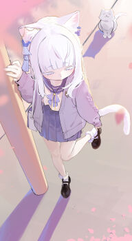 Rule 34 | absurdres, animal ears, black shoes, blue eyes, cat, cat ears, cat girl, cat tail, chinese commentary, commentary request, from above, highres, original, outdoors, pole, ribbon, school uniform, shoes, socks, tail, uta (xuyansong1996), white hair