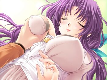 1girl ahoge aoi_sakura_(tsuma_shibori) breasts cleavage closed_eyes from_below game_cg grabbing_another&#039;s_breast groping hair_ribbon jewelry kuroda_akimi large_breasts light_smile long_hair non-web_source official_art parted_bangs parted_lips purple_hair ribbon ring tsuma_shibori tsumamigui_(series) wedding_ring