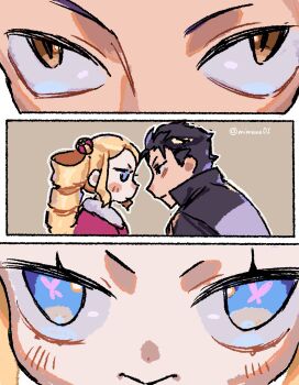 1boy 1girl beatrice_(re:zero) black_hair blonde_hair blue_eyes blush butterfly-shaped_pupils capelet crown drill_hair eye_contact forehead-to-forehead forehead_touch_perspective_(meme) fur-trimmed_capelet fur_trim hair_slicked_back heads_together highres jacket long_hair looking_at_another meme mimano01 mini_crown natsuki_subaru orange_eyes pink_pupils re:zero_kara_hajimeru_isekai_seikatsu red_capelet short_hair sidelocks symbol-shaped_pupils track_jacket twin_drills