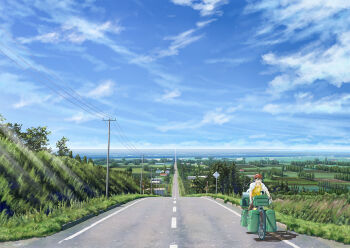 1girl bicycle black_hair blue_sky building cloud commentary_request daigo_fujiie day field hill hokkaido horizon landscape long_hair open_clothes open_mouth open_shirt original outdoors power_lines real_world_location riding riding_bicycle road rural scenery shadow shirt sky sleeves_rolled_up smile solo tree utility_pole vanishing_point white_shirt wide_shot yellow_shirt
