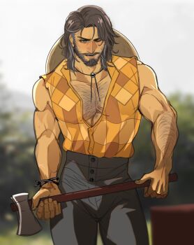 Rule 34 | 1boy, absurdres, arm hair, axe, bara, beard, chest hair, commentary request, facial hair, fields of mistria, full beard, hayden (fields of mistria), highres, holding, holding axe, luiki, male focus, mature male, medium hair, multicolored hair, muscular, muscular male, one eye closed, outdoors, parted lips, pectoral cleavage, pectorals, portuguese commentary, shirt, sleeveless, sleeveless shirt, solo, two-tone hair, variant set