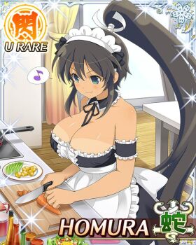 1girl ahoge alternate_costume apron aqua_eyes armband bikini_tan black_dress black_hair border breasts card_(medium) carrot character_name chopping cleavage closed_mouth cooking cutting cutting_board dark-skinned_female dark_skin detached_collar dress enmaided frilled_apron frilled_armband frills game_cg hair_ribbon high_ponytail homura_(senran_kagura) indoors kitchen kitchen_knife knife large_breasts long_hair looking_down maid maid_apron maid_headdress musical_note official_art ponytail ribbon senran_kagura senran_kagura_new_wave skindentation smile solo spoken_musical_note strapless strapless_dress tan tanline third-party_source very_long_hair waist_apron white_apron white_ribbon