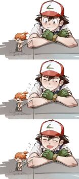 1boy 1girl :d aihara-rina ash_ketchum baseball_cap black_hair blush brown_eyes brown_hair chibi closed_eyes crossed_arms fingerless_gloves fishing fishing_rod gloves green_gloves hat holding holding_fishing_rod mini_person misty_(pokemon) nintendo open_mouth orange_hair pokemon pokemon_(anime) pokemon_(classic_anime) pokemon_rgby shirt short_hair shorts side_ponytail sitting sleeping sleeping_upright smile suspenders zzz