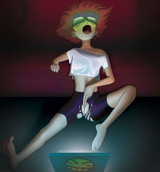 1girl barefoot bike_shorts blush_stickers computer cowboy_bebop edward_wong_hau_pepelu_tivrusky_iv female_masturbation goggles highres laptop loli masturbation messy_hair open_mouth orange_hair pussy solo uncensored