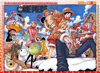 1girl 4boys bag black_hair blonde_hair boat boots cigarette food fruit fur_trim gloves green_hair hair_over_one_eye hat headphones highres jacket mini_merry monkey monkey_d._luffy multiple_boys mushroom nami_(one_piece) oda_eiichirou official_art one-eyed one_piece open_mouth orange_(fruit) orange_hair reindeer roronoa_zoro sanji_(one_piece) scarf smoking snow straw_hat tony_tony_chopper usopp watercraft
