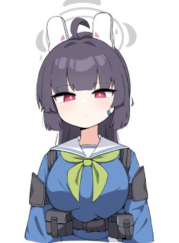 1girl ahoge alternate_breast_size_(larger) animal_ears belt_pouch black_hair blue_archive blue_shirt bright_pupils fake_animal_ears green_neckerchief grey_halo halo highres long_hair looking_at_viewer miyu_(blue_archive) neckerchief pouch rabbit_ears red_eyes shirt simple_background solo tagyeokgam upper_body white_background white_pupils
