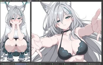 1girl alternate_costume animal_ears aqua_skirt art_program_in_frame bare_shoulders bikini black_bikini blue_archive blue_eyes blue_halo blush breasts cleavage collarbone commentary cross cross_hair_ornament embarrassed grey_hair hair_between_eyes hair_intakes hair_ornament halo halterneck inverted_cross large_breasts long_hair looking_at_viewer miniskirt mismatched_pupils multiple_views nose_blush panties pantyshot parted_lips shiroko_terror_(blue_archive) shirt shoes simple_background skirt sneakers strap swimsuit symbol-only_commentary t1kosewad underwear upskirt very_long_hair white_background white_panties white_shirt white_shoes wolf_ears