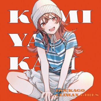 1girl beanie blush casual character_name commentary_request fingernails flipped_hair group_name hat head_tilt highres idolmaster idolmaster_shiny_colors iwawa komiya_kaho looking_at_viewer nail_polish red_background red_eyes red_hair shirt short_sleeves skirt smile socks solo striped_clothes striped_shirt text_background white_hat white_skirt white_socks