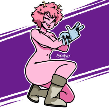 1girl artist_name ashido_mina black_sclera blue_gloves boku_no_hero_academia boots breasts colored_sclera colored_skin commentary cosplay english_commentary full_body gloves hagakure_toru hagakure_toru_(cosplay) horns kneeling looking_at_viewer messy_hair naked_boots naked_gloves navel nude one_eye_closed open_mouth pink_background pink_hair pink_skin shiny_skin short_hair signature simple_background smile solo sqootshy teeth tongue tongue_out v yellow_eyes