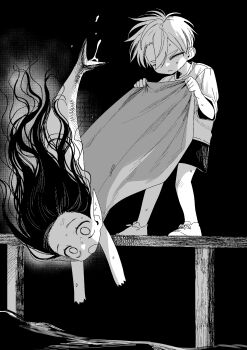 Rule 34 | 1boy, 1girl, closed eyes, greyscale, highres, holding, ishida umi, long hair, mermaid, monochrome, monster girl, night, open mouth, original, outdoors, pier, pointy ears, shirt, shoes, short hair, short sleeves, shorts, standing, t-shirt, tarpaulin, throwing, throwing person, water, wet, wide-eyed
