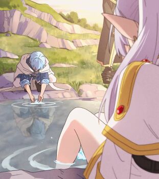1girl 2boys animated bare_legs barefoot blue_hair blue_jacket brown_pants brown_shoes cape capelet clothes_pull drinking elf frieren grass grey_cape grey_hair heiter highres himmel_(sousou_no_frieren) jacket khyle. leg_hair lolibaba long_hair long_sleeves multiple_boys outdoors pants pants_pull pointy_ears river shoes short_hair sousou_no_frieren tagme tree video water when_you_see_it white_capelet white_pants
