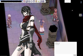 1girl assassin_cross_(ragnarok_online) black_gloves black_hair black_leotard breasts commentary_request cowboy_shot elbow_gloves game_screenshot_background gloves grey_eyes hair_between_eyes leg_tattoo leotard looking_at_viewer medium_breasts navel ragnarok_online red_scarf revealing_clothes scarf screenshot_background short_hair skull_tattoo solo tattoo toriria translation_request vambraces
