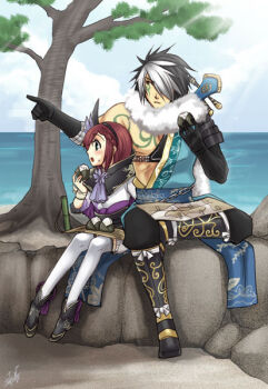 Rule 34 | black hair, chosokabe motochika (sengoku musou), eating, food, gracia (sengoku musou), green eyes, multicolored hair, onigiri, red hair, rice, sengoku musou, side-by-side, sitting, tattoo, two-tone hair