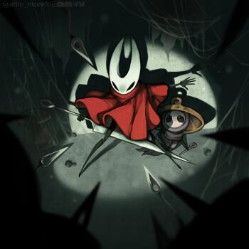 1boy 1girl arito_meew arthropod_boy arthropod_girl artist_name black_eyes black_skin cape cloak colored_skin full_body hat hiding hiding_behind_another highres holding hollow_eyes hollow_knight hollow_knight:_silksong hornet_(hollow_knight) mask needle_(hollow_knight) red_cloak serious sherma_(hollow_knight) standing weapon