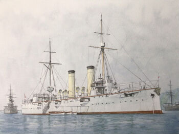 akashi_(cruiser) atelier_bono boat cannon cruiser dock highres imperial_japanese_army mast military_vehicle ocean original painting_(medium) ship ship_turret smokestack traditional_media warship watercolor_(medium) watercraft