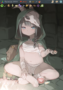 1girl absurdres aged_down animal_skull bandages barefoot child chinese_commentary cloak commentary_request green_cloak highres holding holding_smoking_pipe indian_style navel painnico sitting skull_on_head slay_the_spire smoking_pipe solo the_silent_(slay_the_spire) user_interface
