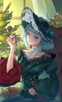 1girl absurdres armchair artist_name black_dress black_flower black_hat black_nails blue_eyes blunt_bangs blunt_ends bob_cut chair chinese_commentary christmas_tree commentary_request dress flower grey_hair hair_flower hair_ornament hand_up hat highres holding holding_smoking_pipe juliet_sleeves long_sleeves looking_at_viewer mercuria_(reverse:1999) official_alternate_costume parted_lips puffy_sleeves reverse:1999 short_hair sitting smoking_pipe solo taoqi7777 upper_body window