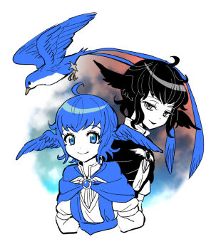1girl ahoge arms_behind_back bird bird_girl black_capelet black_hair blue_bird blue_capelet blue_eyes blue_hair blurry blurry_background border brooch capelet closed_mouth cropped_torso dede_(qwea_00000) dress dual_persona feathered_wings final_fantasy final_fantasy_xiv grey_eyes half-closed_eyes head_wings jewelry light_smile meteion short_hair sidelocks solo upper_body white_border white_dress wings