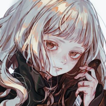 1girl black_jacket bleeding blood brown_eyes commentary_request cuts expressionless grey_hair holding holding_knife injury jacket knife kurashiki_touka looking_at_viewer original solo upper_body